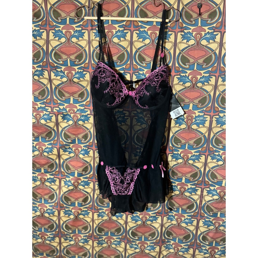 Just Sexy‎ Lingerie Black Pink Floral Lace Babydoll Chemise 3X Plus Size